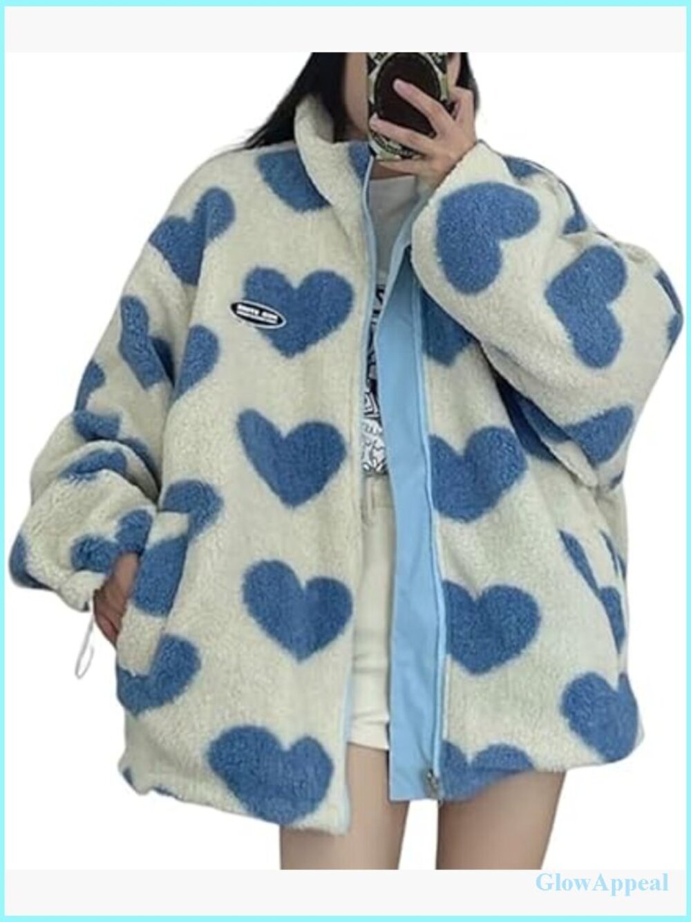 Women's Reversible Fleece Sherpa Jacket Kawaii Heart Print Zip Up Cozy - Picture 7 of 7